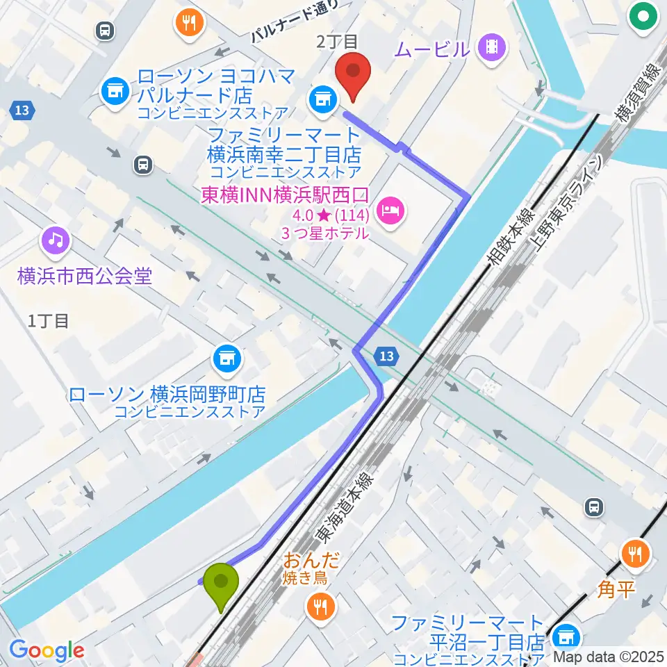 ディスクユニオン横浜西口店の最寄駅平沼橋駅からの徒歩ルート（約6分）地図