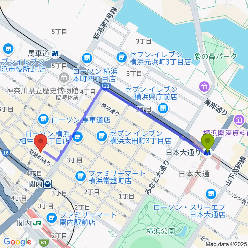 日本大通り駅からディスクユニオン横浜関内店・ジャズ館へのルートマップ地図