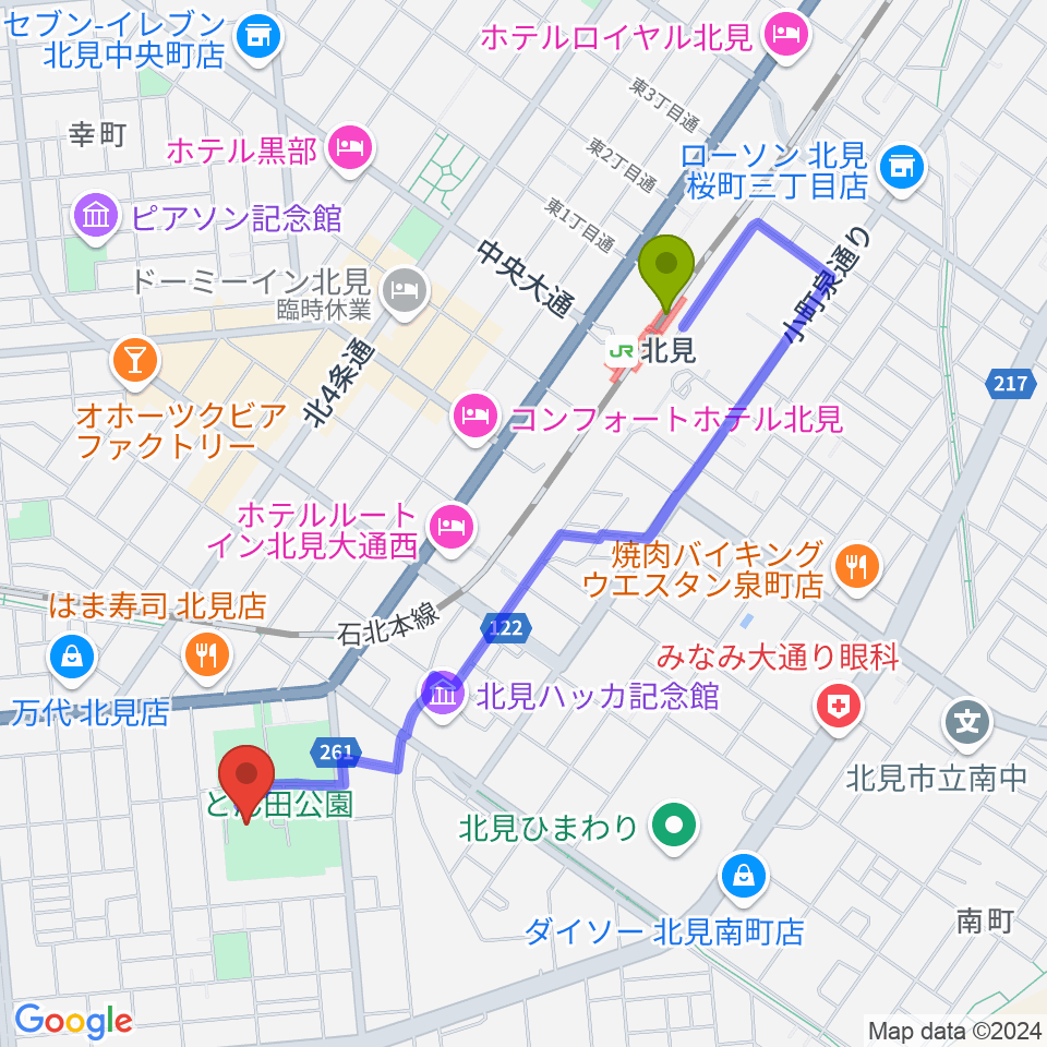 北見市民会館の最寄駅北見駅からの徒歩ルート（約17分）地図