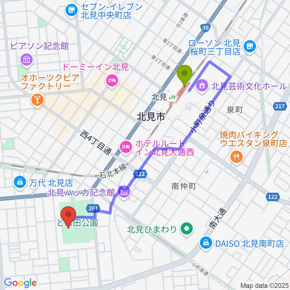 北ガス市民ホールの最寄駅北見駅からの徒歩ルート（約17分）地図
