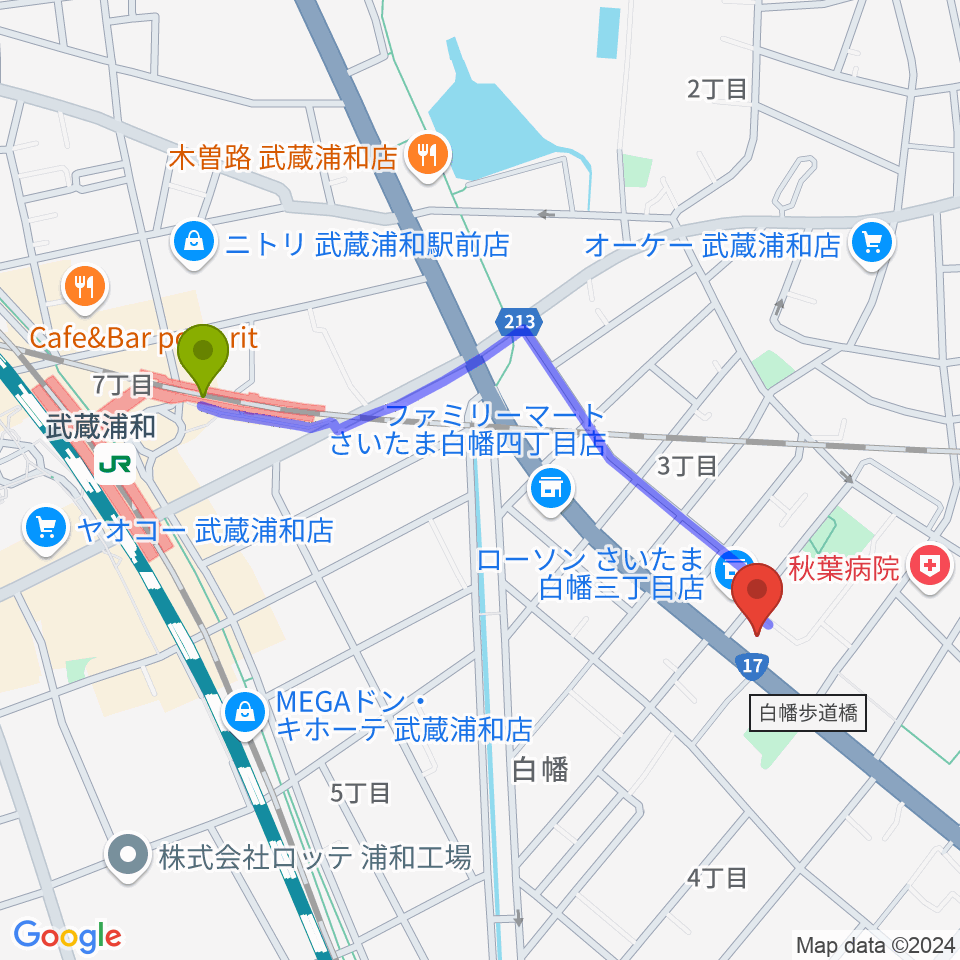 トニカ バイオリン・ピアノ教室の最寄駅武蔵浦和駅からの徒歩ルート（約10分）地図