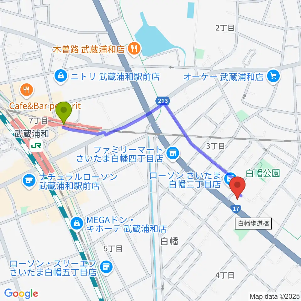 トニカ バイオリン・ピアノ教室の最寄駅武蔵浦和駅からの徒歩ルート（約10分）地図