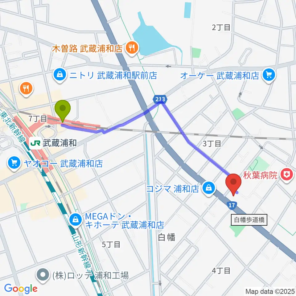 トニカ バイオリン・ピアノ教室の最寄駅武蔵浦和駅からの徒歩ルート（約10分）地図