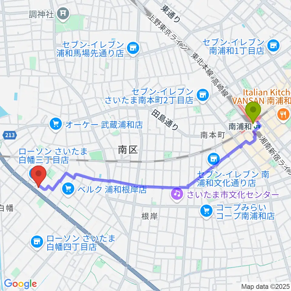 南浦和駅からトニカ バイオリン・ピアノ教室へのルートマップ地図