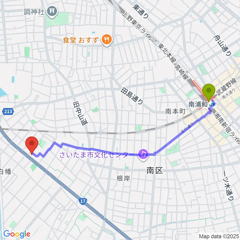 南浦和駅からトニカ バイオリン・ピアノ教室へのルートマップ地図