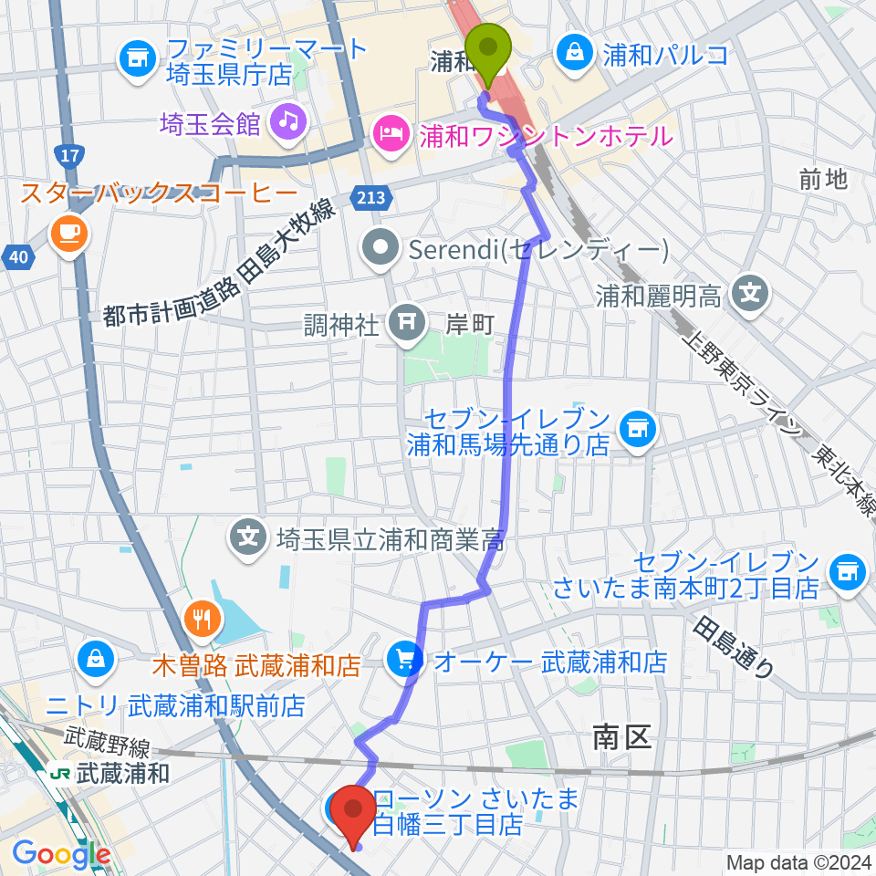 浦和駅からトニカ バイオリン・ピアノ教室へのルートマップ地図