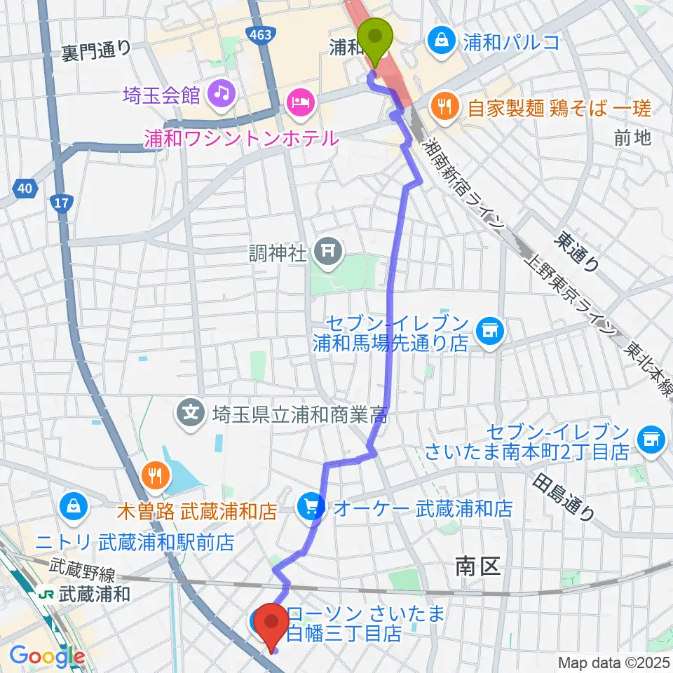 浦和駅からトニカ バイオリン・ピアノ教室へのルートマップ地図