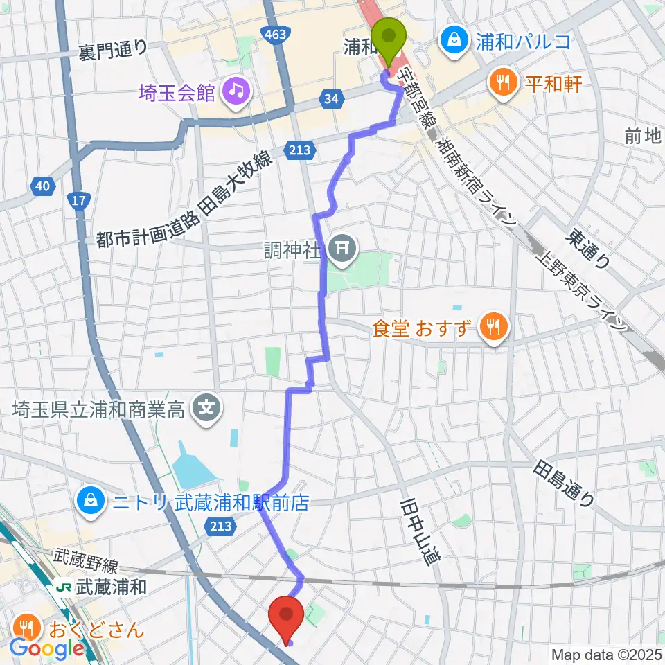 浦和駅からトニカ バイオリン・ピアノ教室へのルートマップ地図