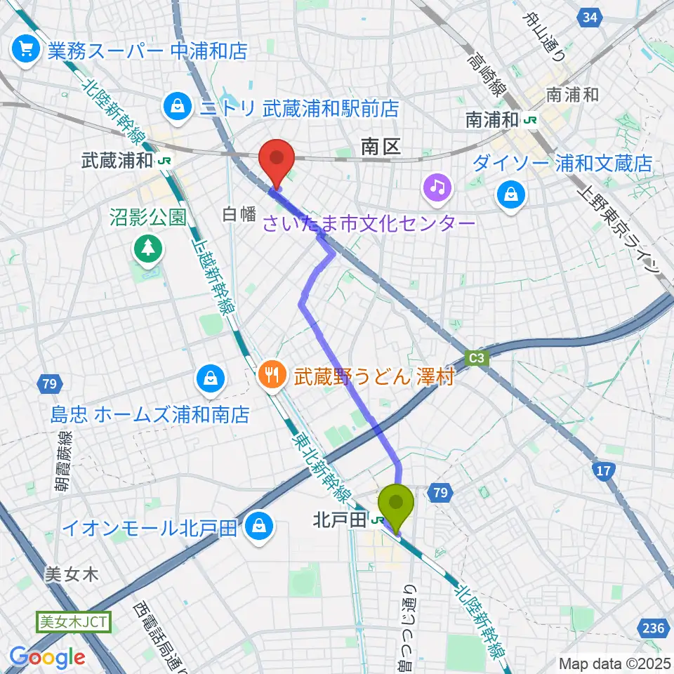 北戸田駅からトニカ バイオリン・ピアノ教室へのルートマップ地図