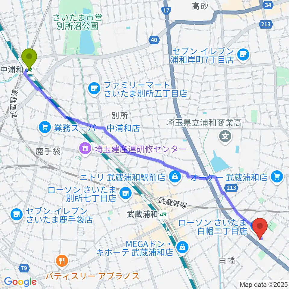 中浦和駅からトニカ バイオリン・ピアノ教室へのルートマップ地図