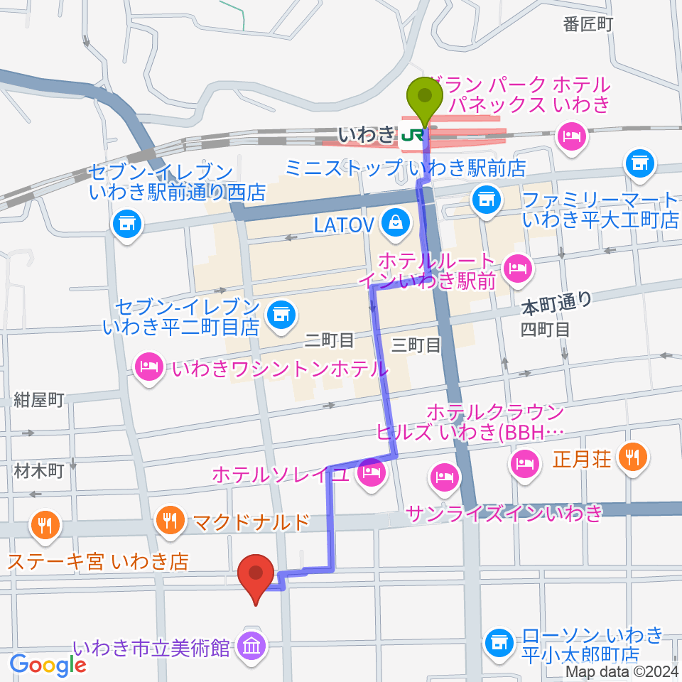 いわき市文化センター大ホールの最寄駅いわき駅からの徒歩ルート（約11分）地図