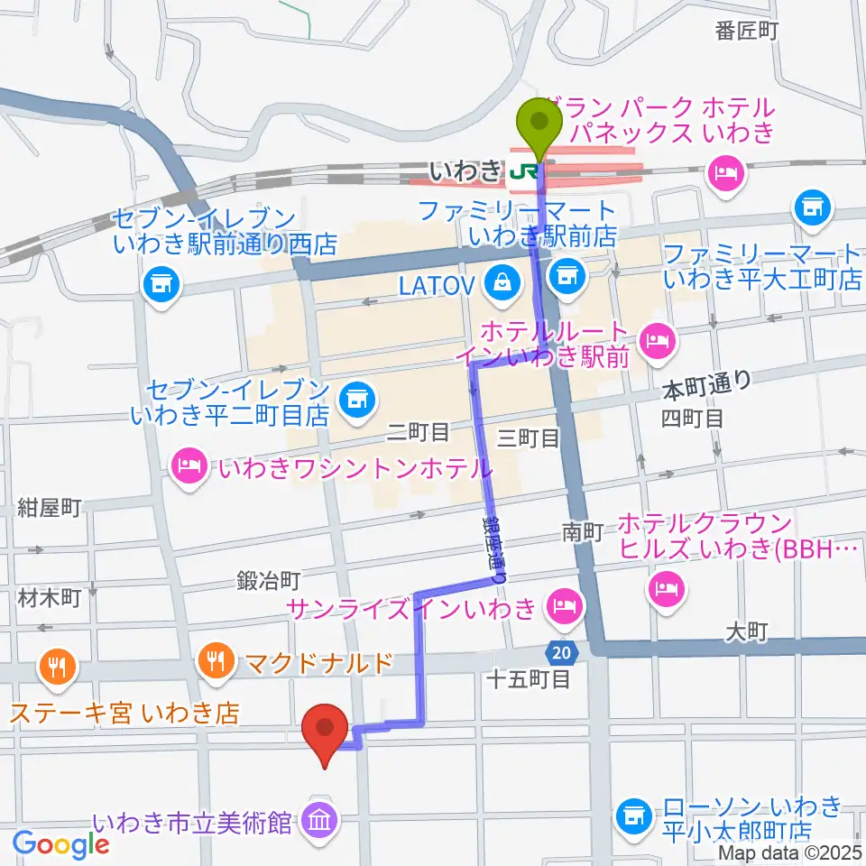 いわき市文化センター大ホールの最寄駅いわき駅からの徒歩ルート（約11分）地図