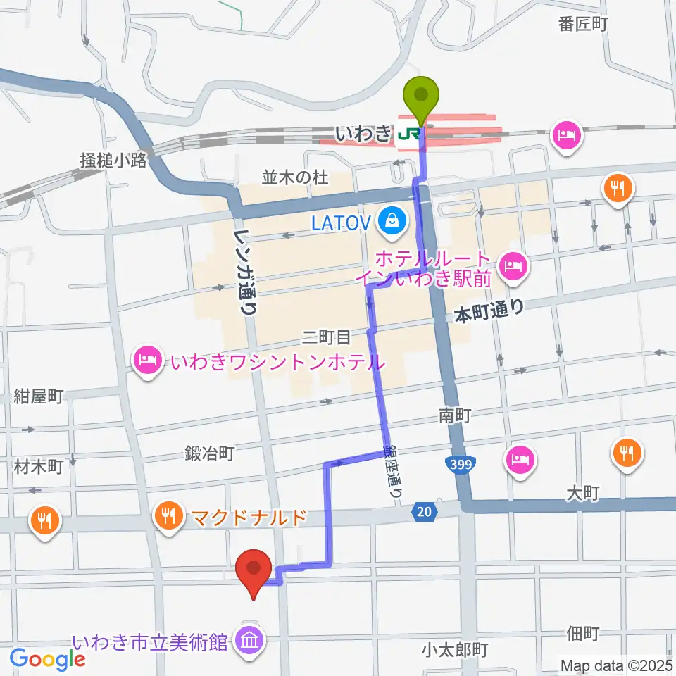 いわき市文化センター大ホールの最寄駅いわき駅からの徒歩ルート（約11分）地図