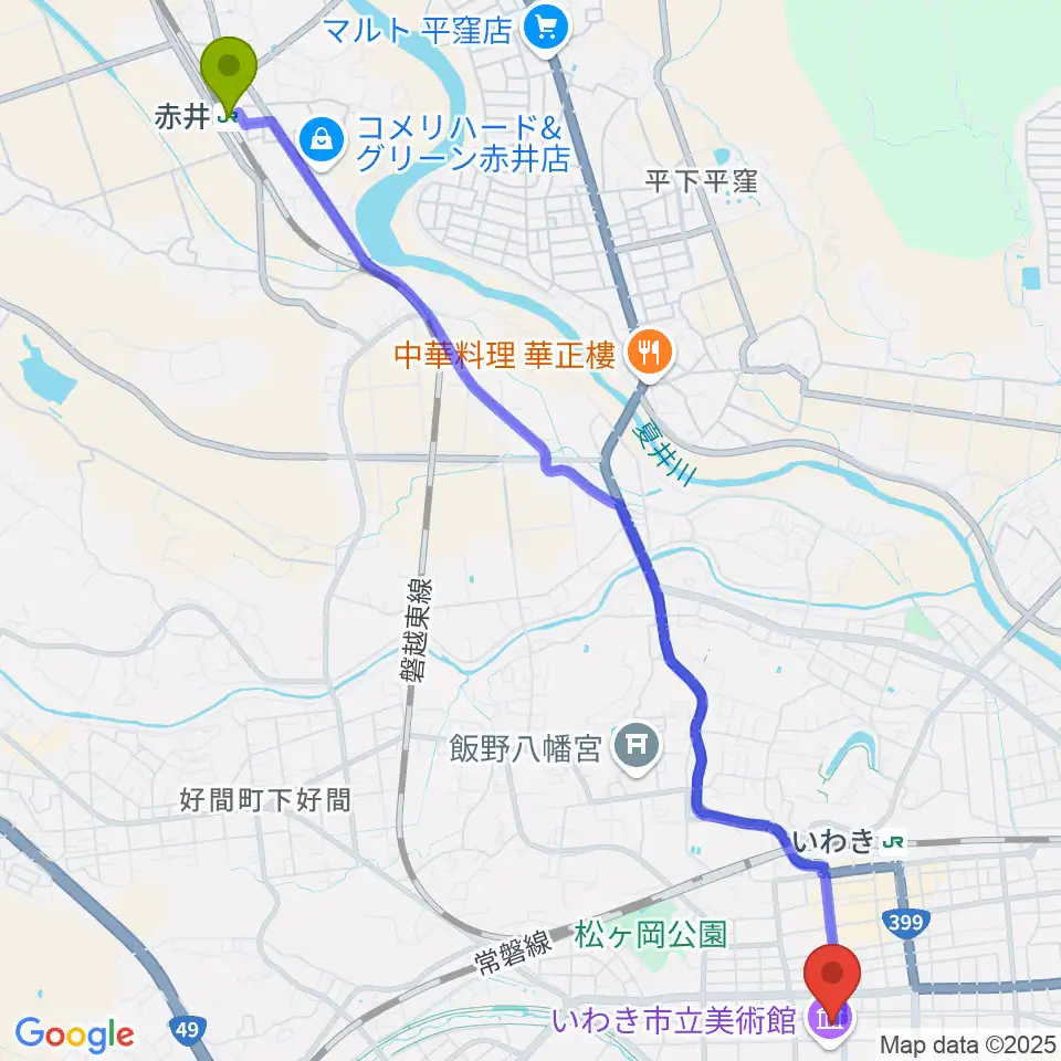 赤井駅からいわき市文化センター大ホールへのルートマップ地図