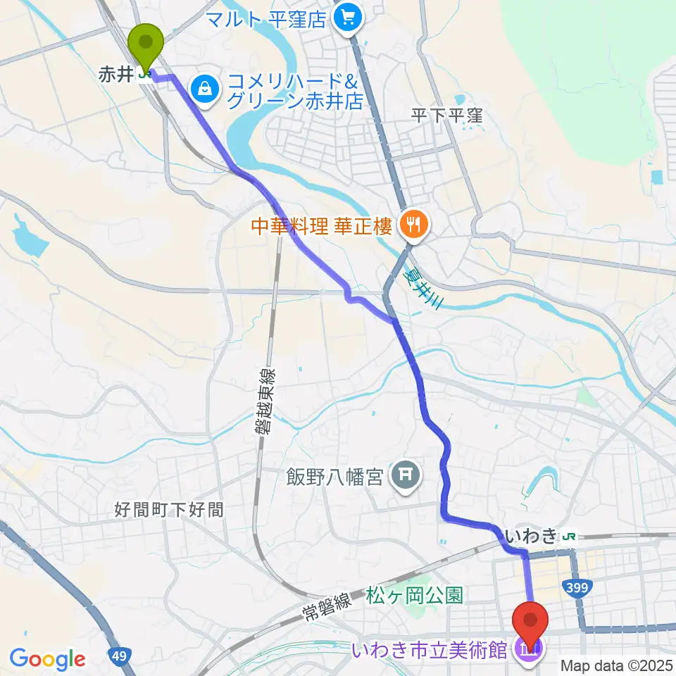 赤井駅からいわき市文化センター大ホールへのルートマップ地図