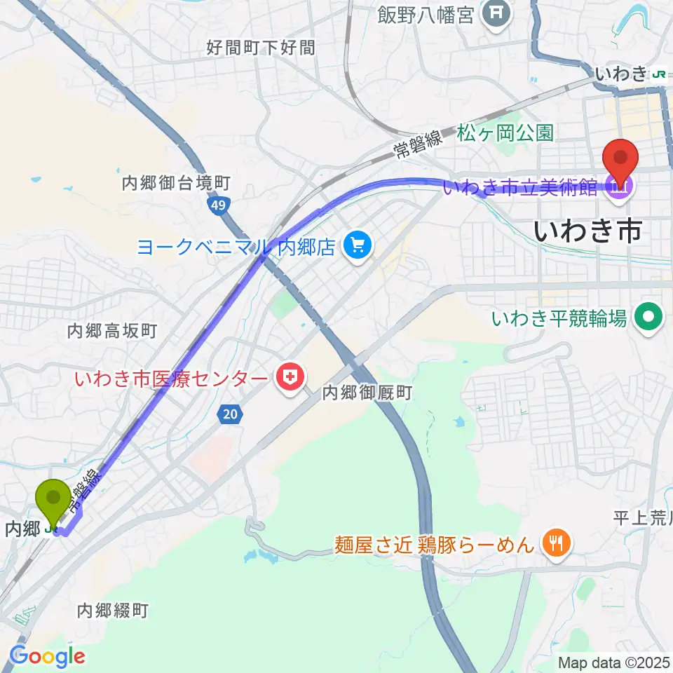 内郷駅からいわき市文化センター大ホールへのルートマップ地図