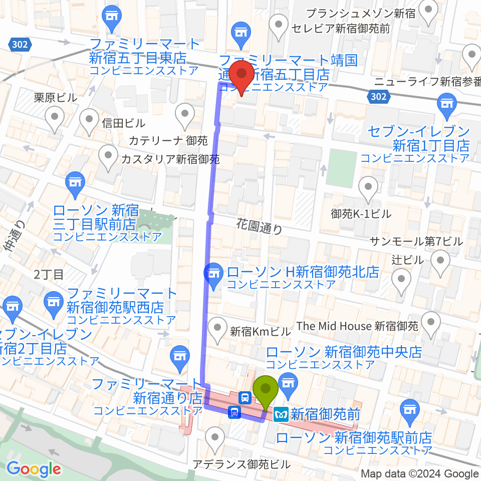 新宿シャンパーニュの最寄駅新宿御苑前駅からの徒歩ルート（約5分）地図