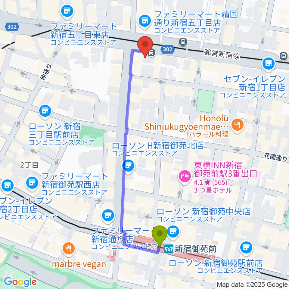 新宿シャンパーニュの最寄駅新宿御苑前駅からの徒歩ルート（約5分）地図