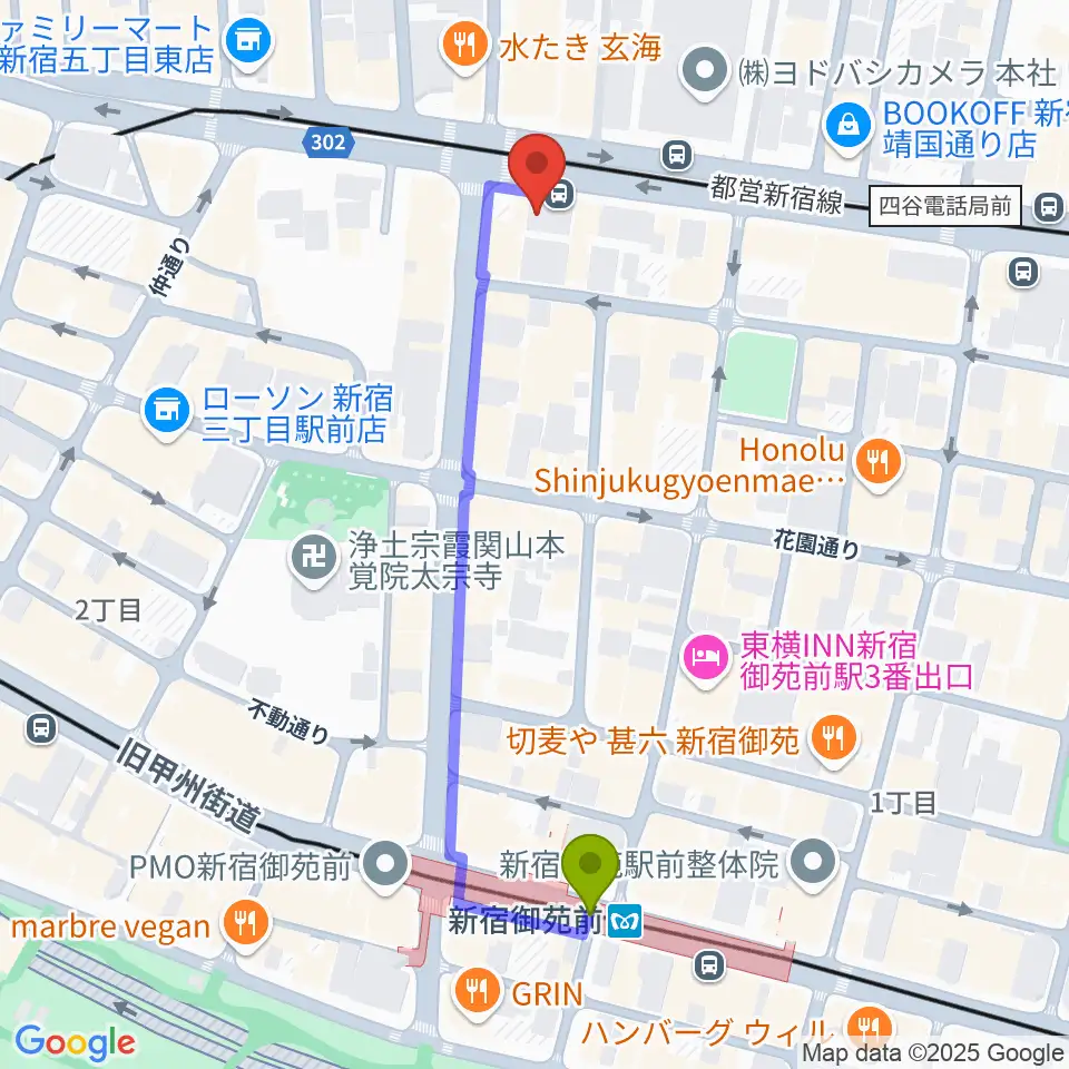 新宿シャンパーニュの最寄駅新宿御苑前駅からの徒歩ルート（約5分）地図