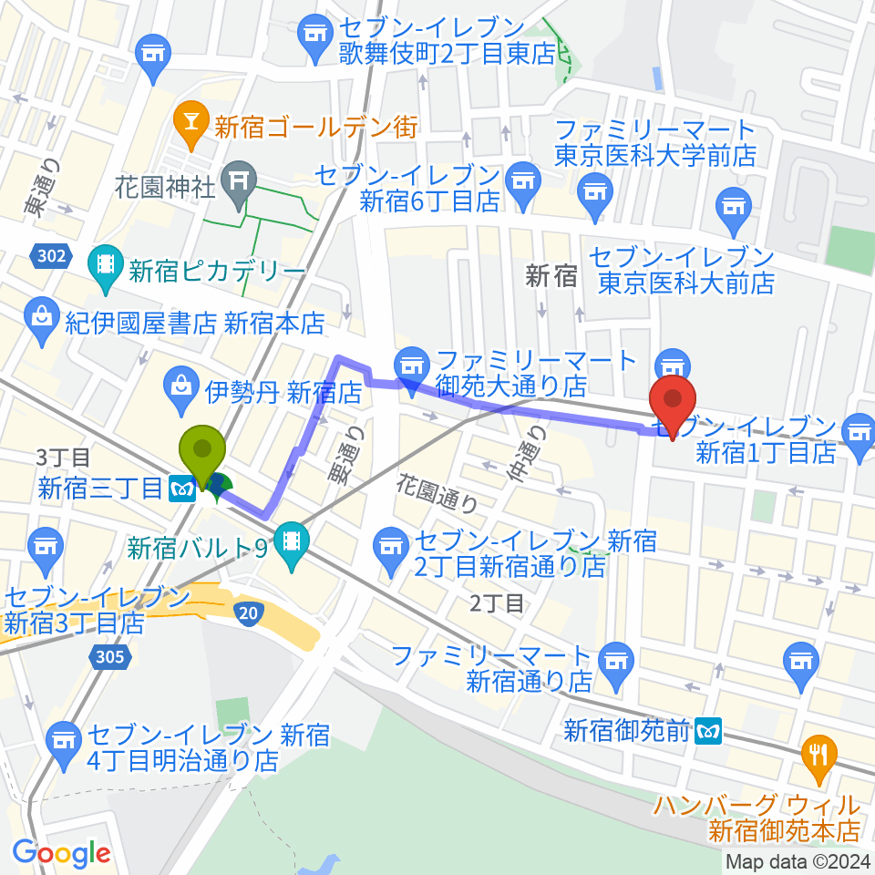 新宿三丁目駅から新宿シャンパーニュへのルートマップ地図