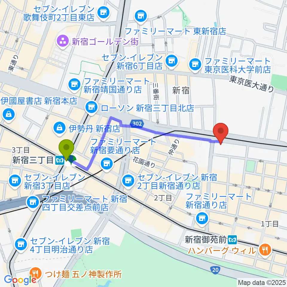 新宿三丁目駅から新宿シャンパーニュへのルートマップ地図