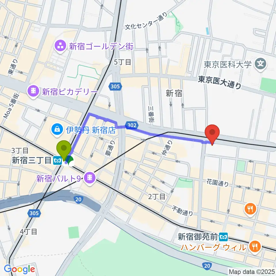 新宿三丁目駅から新宿シャンパーニュへのルートマップ地図