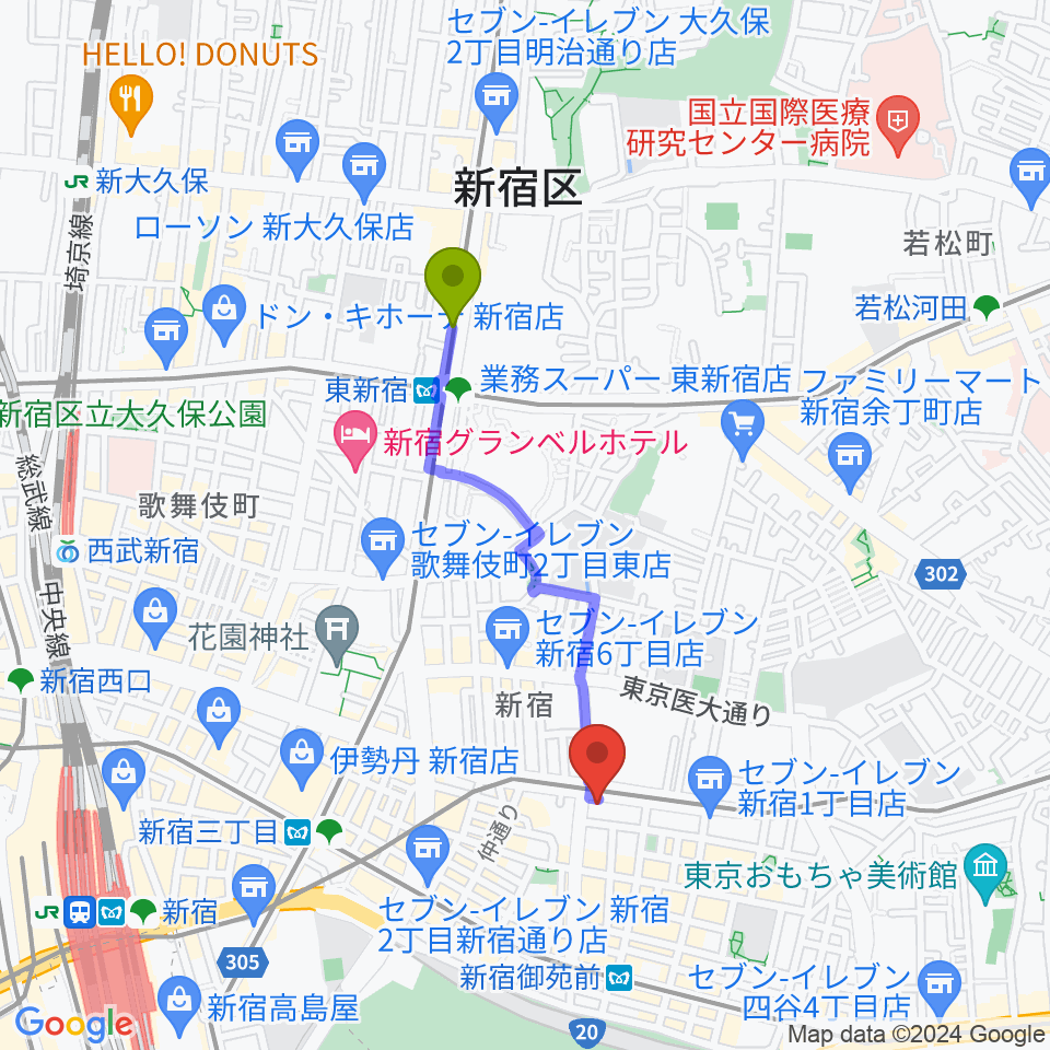 東新宿駅から新宿シャンパーニュへのルートマップ地図