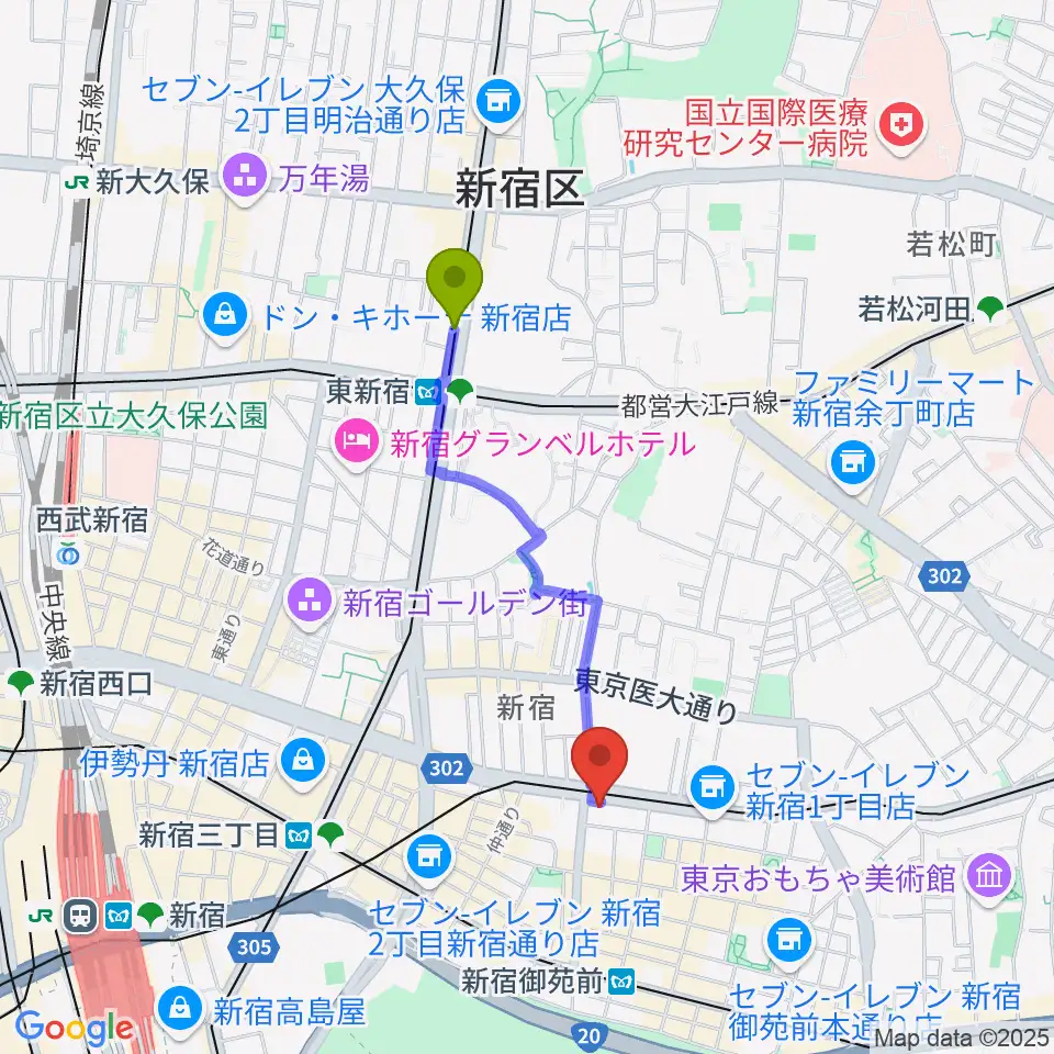 東新宿駅から新宿シャンパーニュへのルートマップ地図