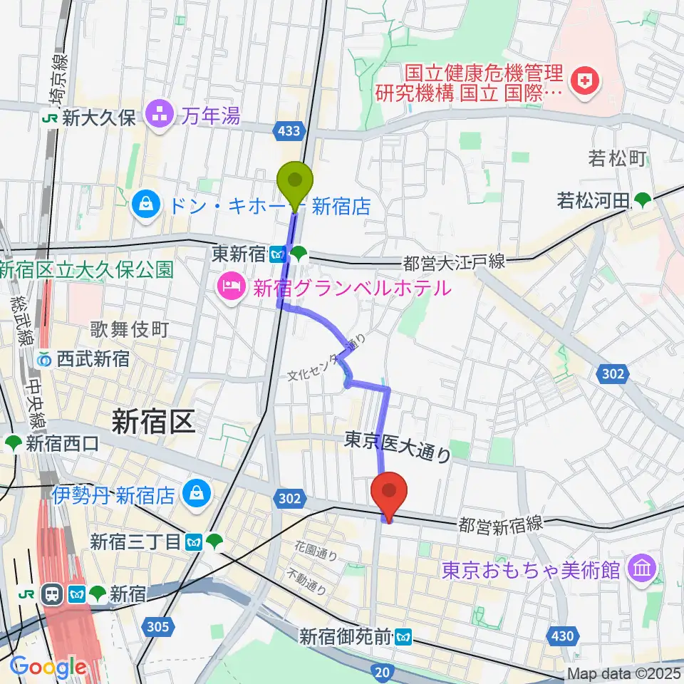 東新宿駅から新宿シャンパーニュへのルートマップ地図