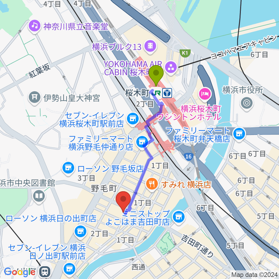 桜木町駅から野毛ルタンペルデュへのルートマップ地図