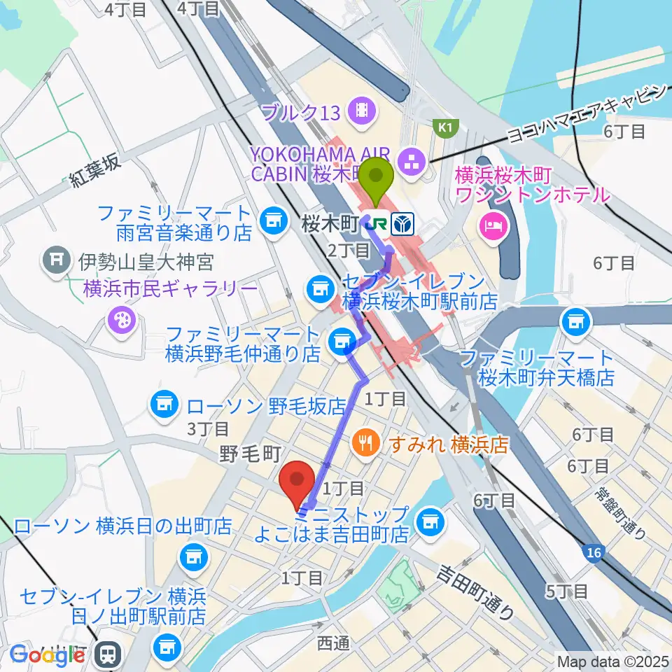 桜木町駅から野毛ルタンペルデュへのルートマップ地図