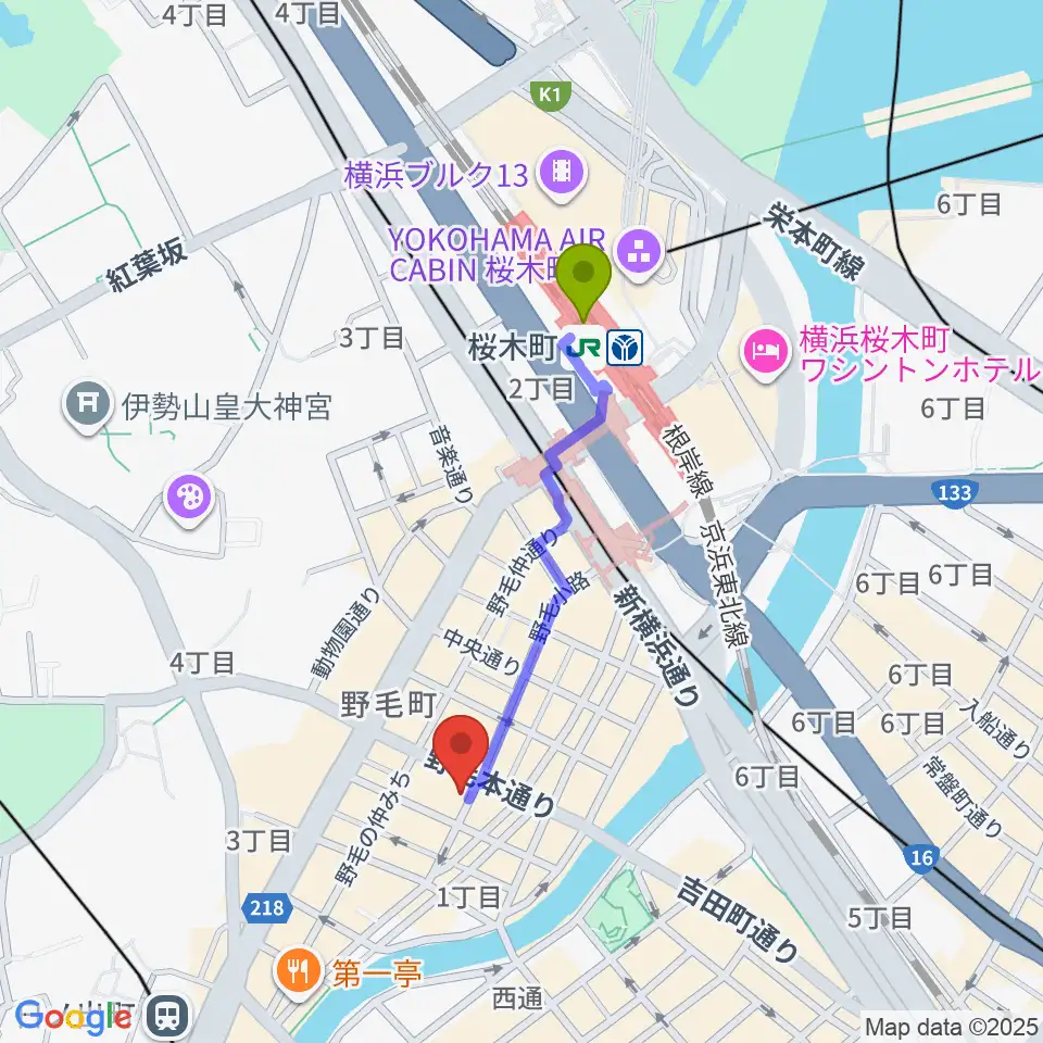 桜木町駅から野毛ルタンペルデュへのルートマップ地図