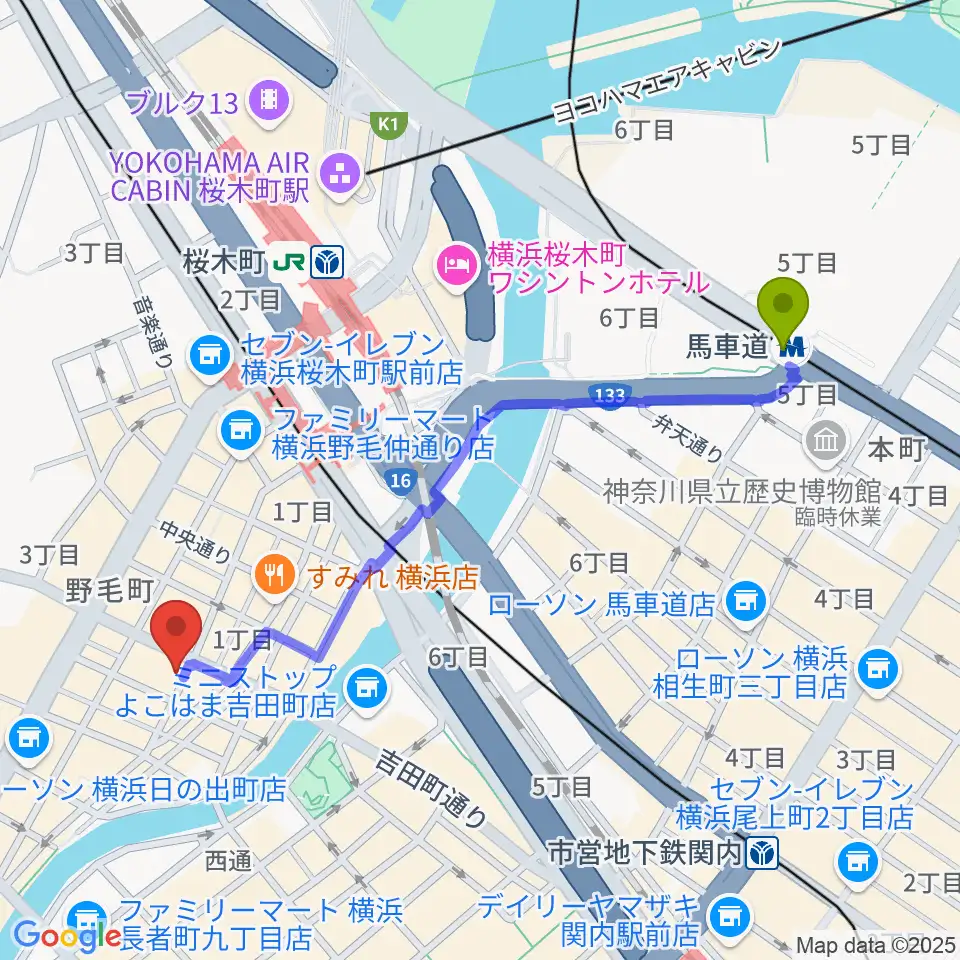 馬車道駅から野毛ルタンペルデュへのルートマップ地図