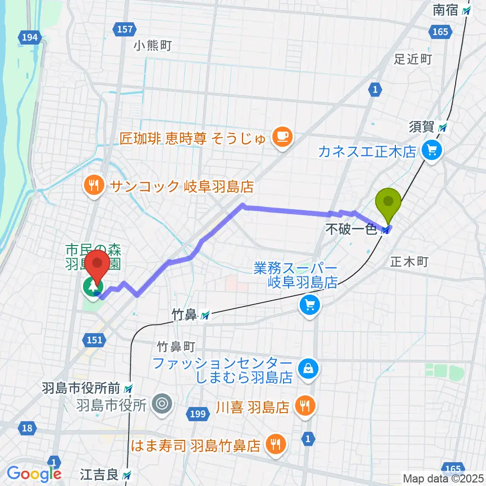 不破一色駅から不二羽島文化センターへのルートマップ地図