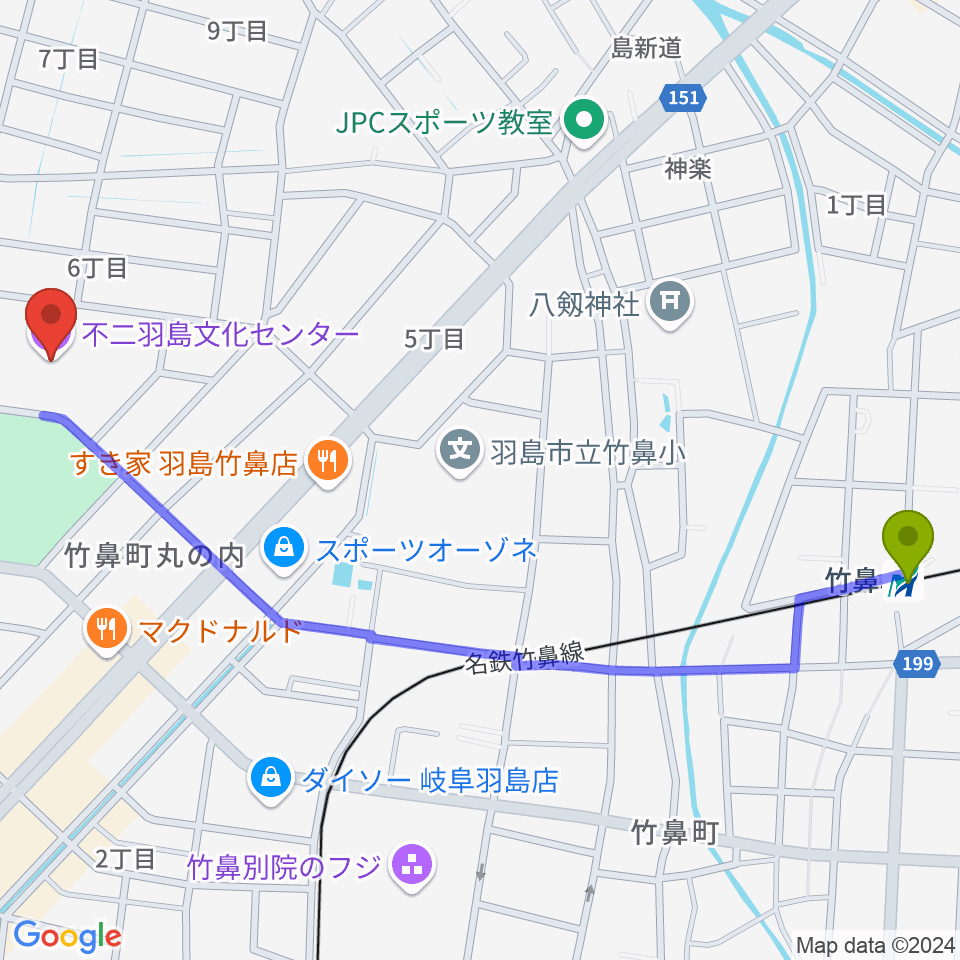 竹鼻駅から不二羽島文化センターへのルートマップ地図