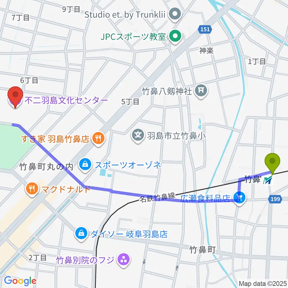 竹鼻駅から不二羽島文化センターへのルートマップ地図
