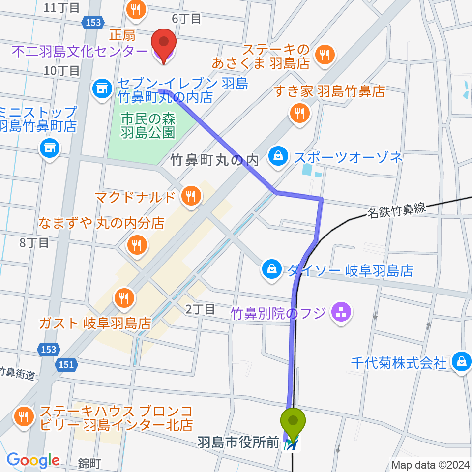 不二羽島文化センターの最寄駅羽島市役所前駅からの徒歩ルート（約13分）地図