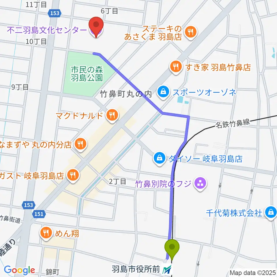 不二羽島文化センターの最寄駅羽島市役所前駅からの徒歩ルート（約13分）地図
