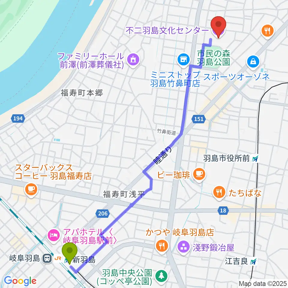 新羽島駅から不二羽島文化センターへのルートマップ地図