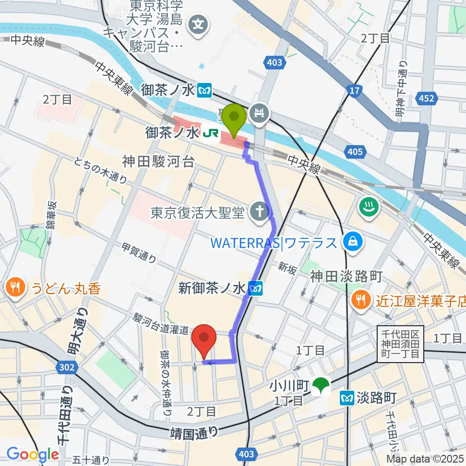 御茶ノ水駅からLighthouse Recordsへのルートマップ地図
