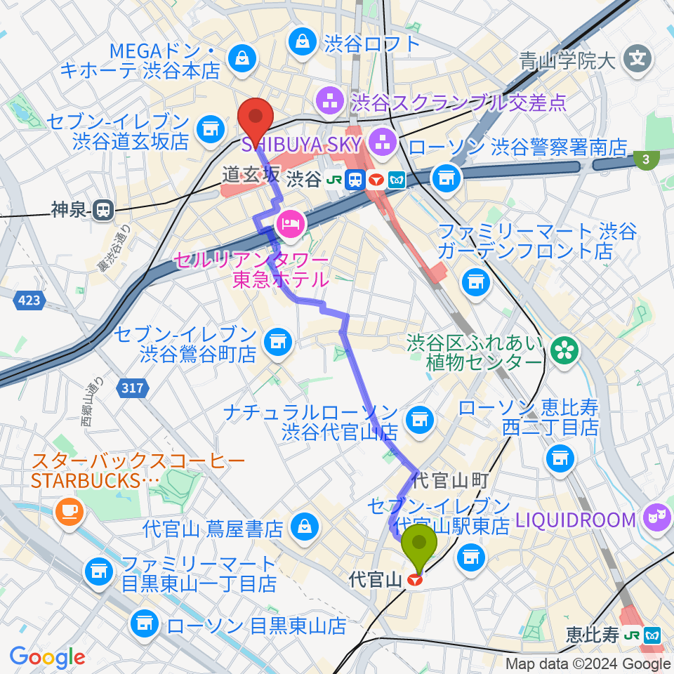 代官山駅からLighthouse Recordsへのルートマップ地図