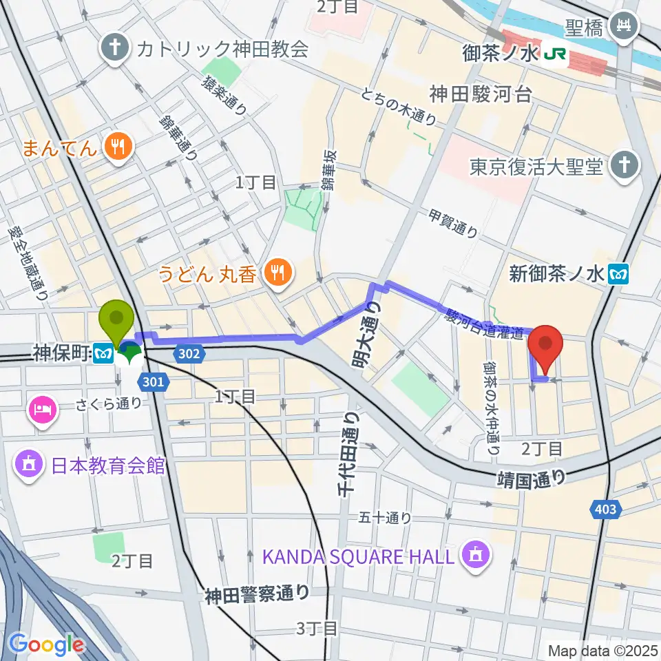 神保町駅からLighthouse Recordsへのルートマップ地図