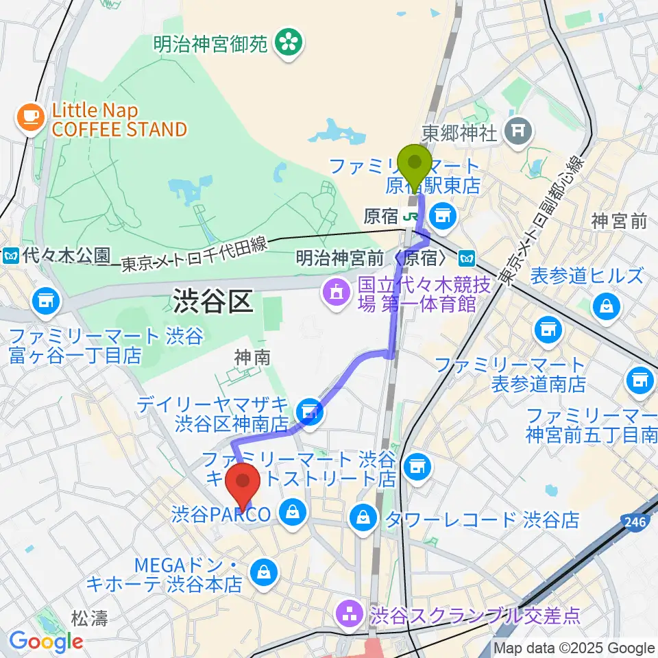 原宿駅からDisc Jam 渋谷シスコ店へのルートマップ地図