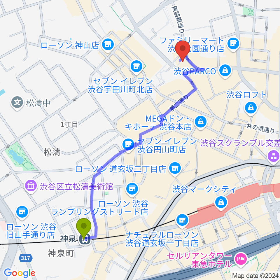 神泉駅からDisc Jam 渋谷シスコ店へのルートマップ地図