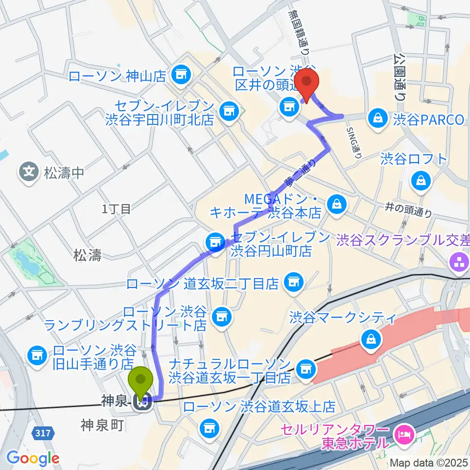神泉駅からDisc Jam 渋谷シスコ店へのルートマップ地図