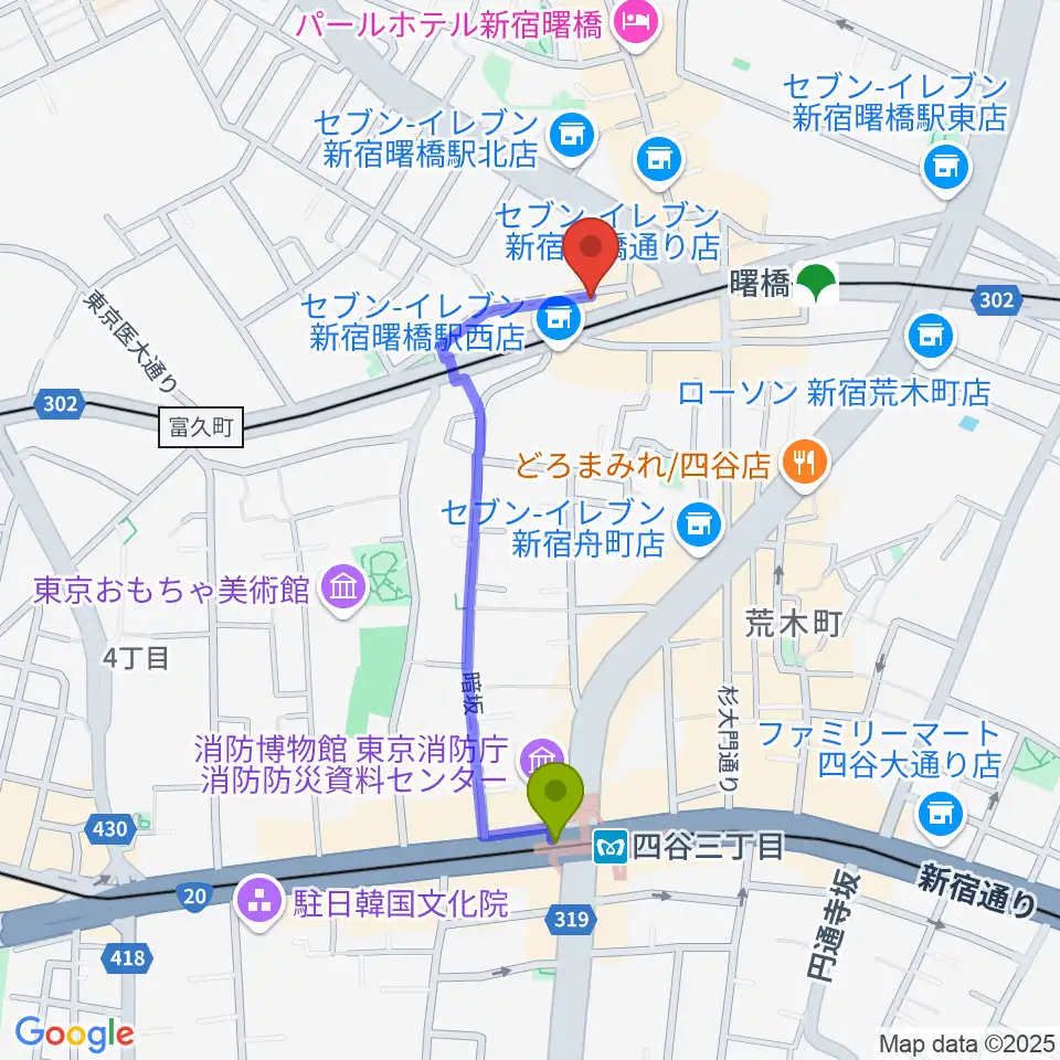 四谷三丁目駅から曙橋バックインタウンへのルートマップ地図