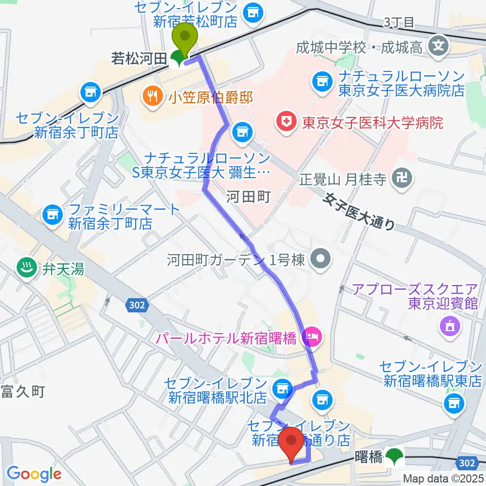 若松河田駅から曙橋バックインタウンへのルートマップ地図