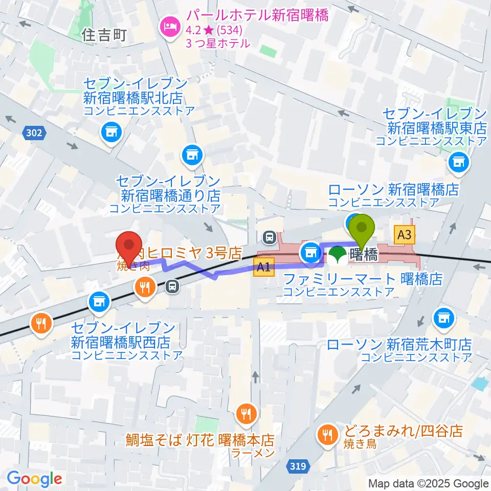 曙橋バックインタウンの最寄駅曙橋駅からの徒歩ルート（約4分）地図