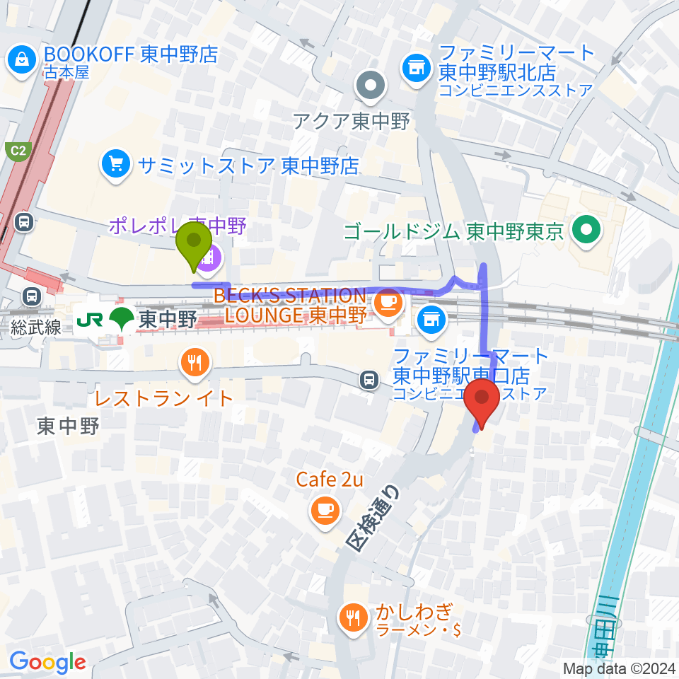 東中野 Cafeじみへんの最寄駅東中野駅からの徒歩ルート（約4分）地図