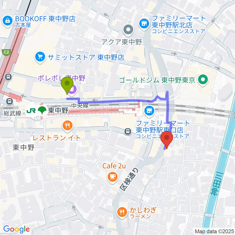 東中野 Cafeじみへんの最寄駅東中野駅からの徒歩ルート（約4分）地図